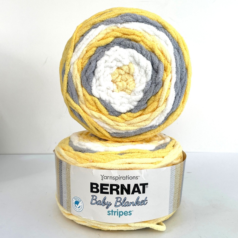 Bernat Baby Blanket Stripes Yarn Sunshine Yellow Grey White 10.5oz Lot of 2
